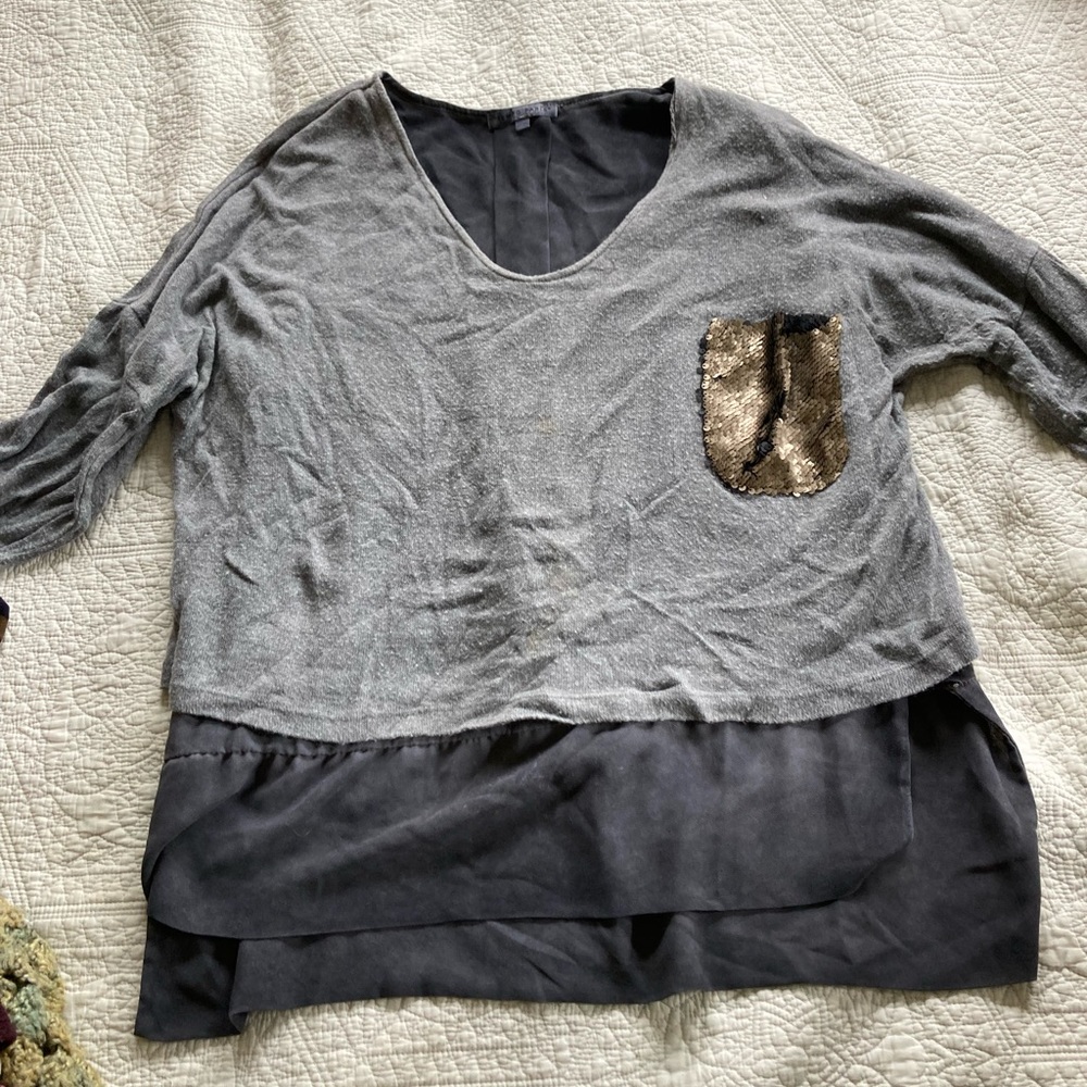 Tempo Paris Grey Layered Sweater with Sequin Accent Pocket